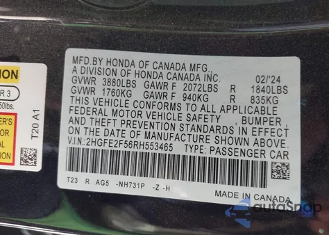 2024 Honda Civic Sport z USA, uszkodzony, nr VIN 2HGFE2F56RH553465